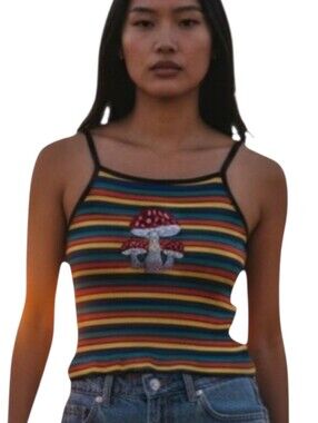Crop Psychedelic Mushroom Tank Rainbow Stripe Ribbed Y2K Fairycore Festival Top